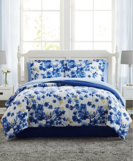 Blue Watercolor Floral King 8PC Comforter Set