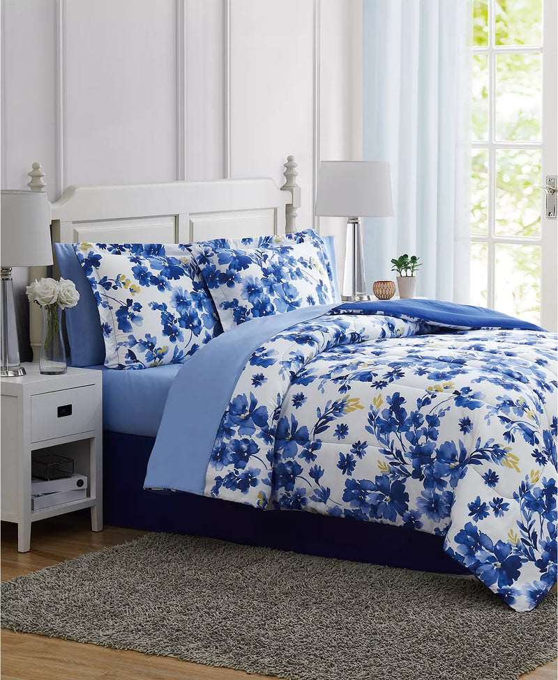 Blue Watercolor Floral King 8PC Comforter Set