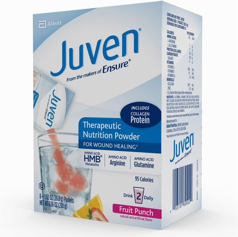 Juven Therapeutic Nutrition Drink Mix Powder for Wound Healing Support, Includes Collagen Protein, Fruit Punch, 8 Count