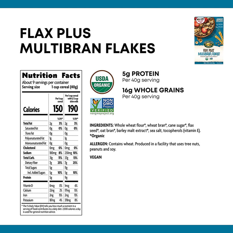 Nature's Path Organic Flax Plus Multibran Flakes Cereal, 13.25 Ounce (Pack of 6), Non-GMO, 16g Whole Grains, with Omega-3 Rich Flax Seeds