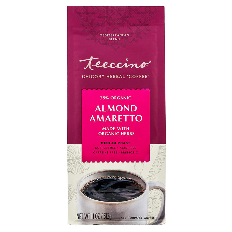 Teeccino Chicory Coffee Alternative – Almond Amaretto – Ground Herbal Coffee That’s Prebiotic, Caffeine Free & Acid Free, Medium Roast, 11 Ounce