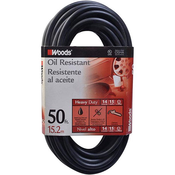 Woods 982452 50-Foot SJTOW Agricultural Outdoor Heavy Duty All- Weather Extension Cord, Oil Resistant Vinyl Jacket, Versatile Use, Powerful 15 Amps, 125 Volts, 1,875 Watt Extension Cord, Black