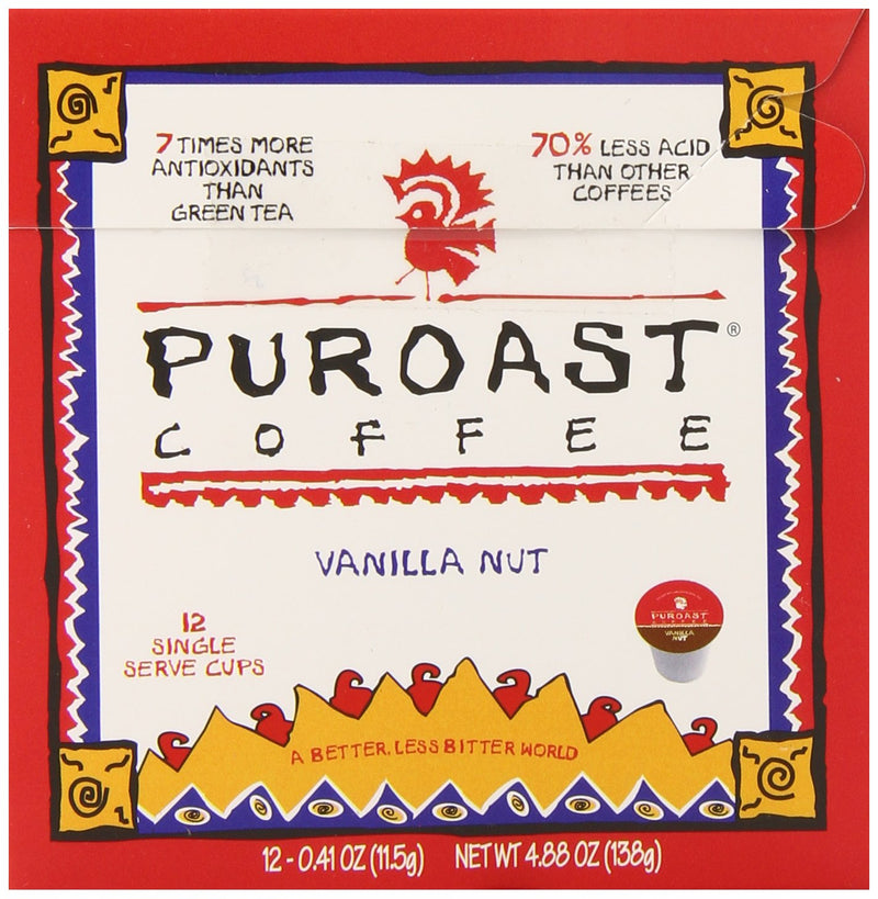 Puroast Low Acid Coffee Single-Serve Pods, Vanilla Nut Flavor, High Antioxidant, Compatible with Keurig 2.0 Coffee Makers (12 Count)