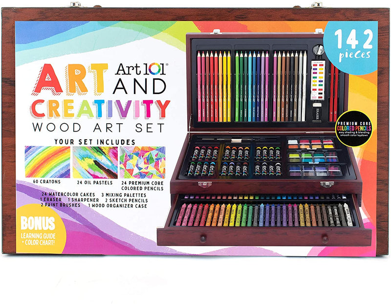 Art 101 Doodle and Color 142 Pc Art Set in a Wood Carrying Case, Includes 24 Premium Colored Pencils, A variety of coloring and painting mediums: crayons, oil pastels, watercolors; Portable Art Studio