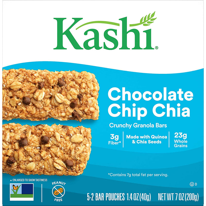Kashi Crunchy Granola Bars, Fiber Bars, Vegan Snacks, Chocolate Chip Chia, 7oz Box (10 Bars)