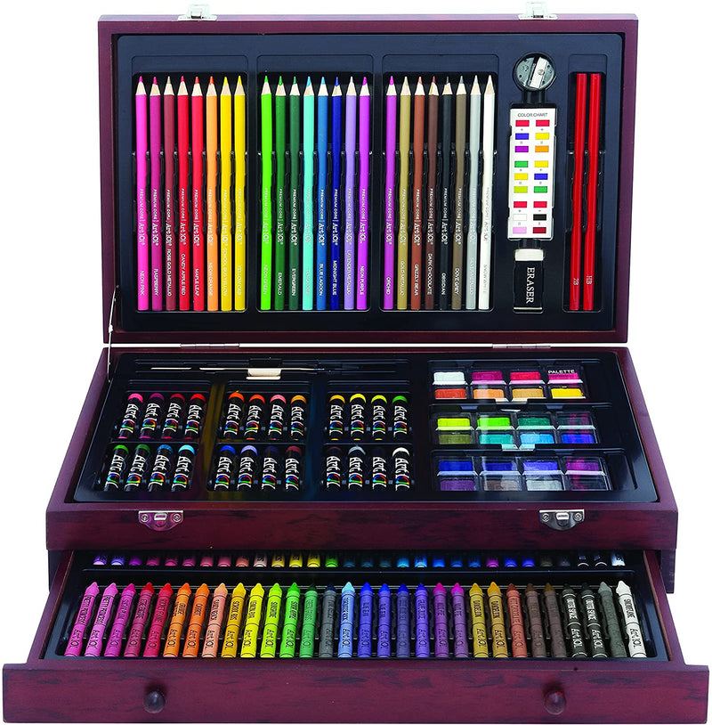 Art 101 Doodle and Color 142 Pc Art Set in a Wood Carrying Case, Includes 24 Premium Colored Pencils, A variety of coloring and painting mediums: crayons, oil pastels, watercolors; Portable Art Studio