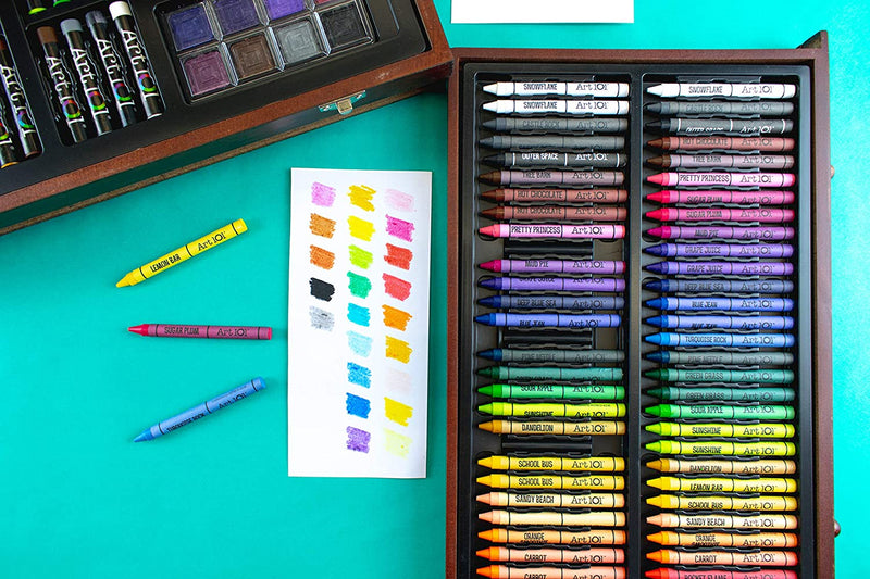 Art 101 Doodle and Color 142 Pc Art Set in a Wood Carrying Case, Includes 24 Premium Colored Pencils, A variety of coloring and painting mediums: crayons, oil pastels, watercolors; Portable Art Studio
