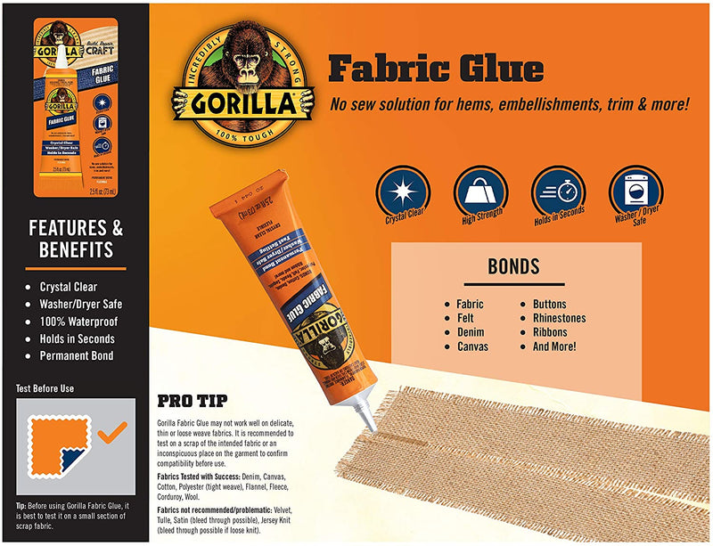 Gorilla Waterproof Fabric Glue 2.5 Ounce Tube, Clear, (Pack of 3)