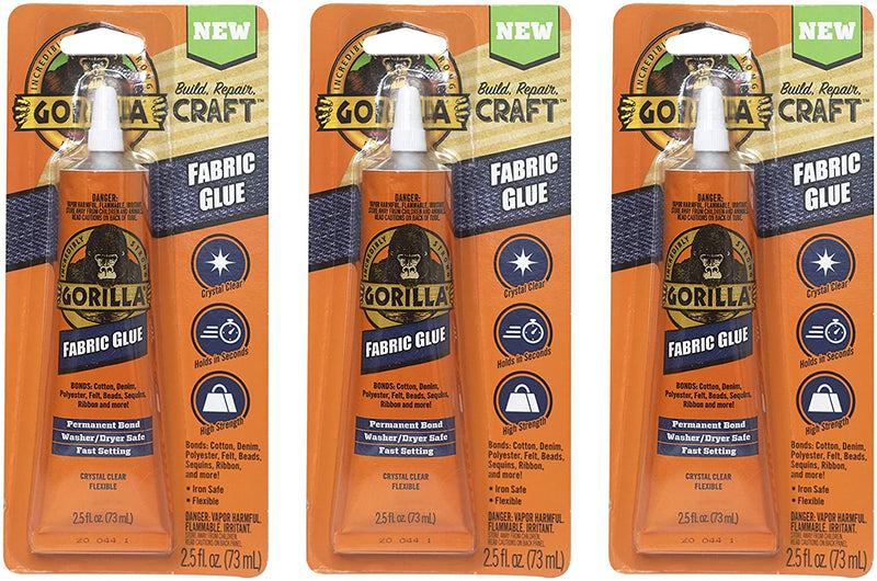 Gorilla Waterproof Fabric Glue 2.5 Ounce Tube, Clear, (Pack of 3)