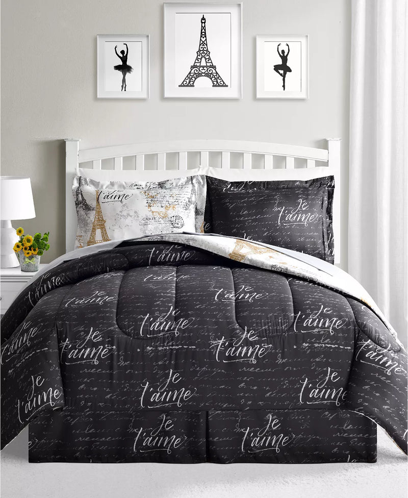 Paris Gold 8 Piece California King Size Reversible Comforter Set White/Black