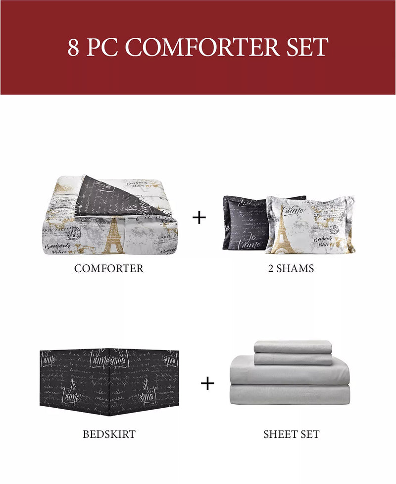 Paris Gold 8 Piece 100 Percent polyester Reversible Full Comforter Set, Gold