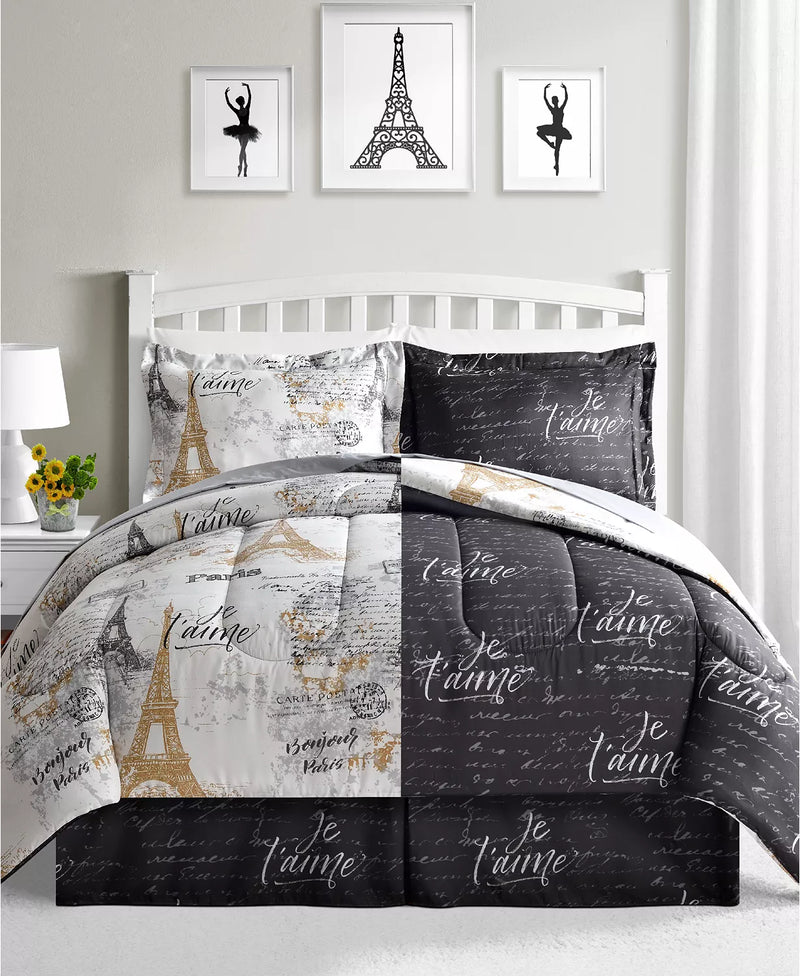 Paris Gold 8 Piece California King Size Reversible Comforter Set White/Black